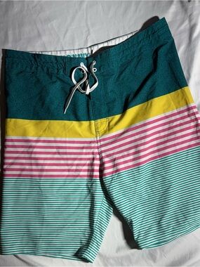 Old Navy Teal, Yellow & Pink Striped Men’s Swim Board Shorts